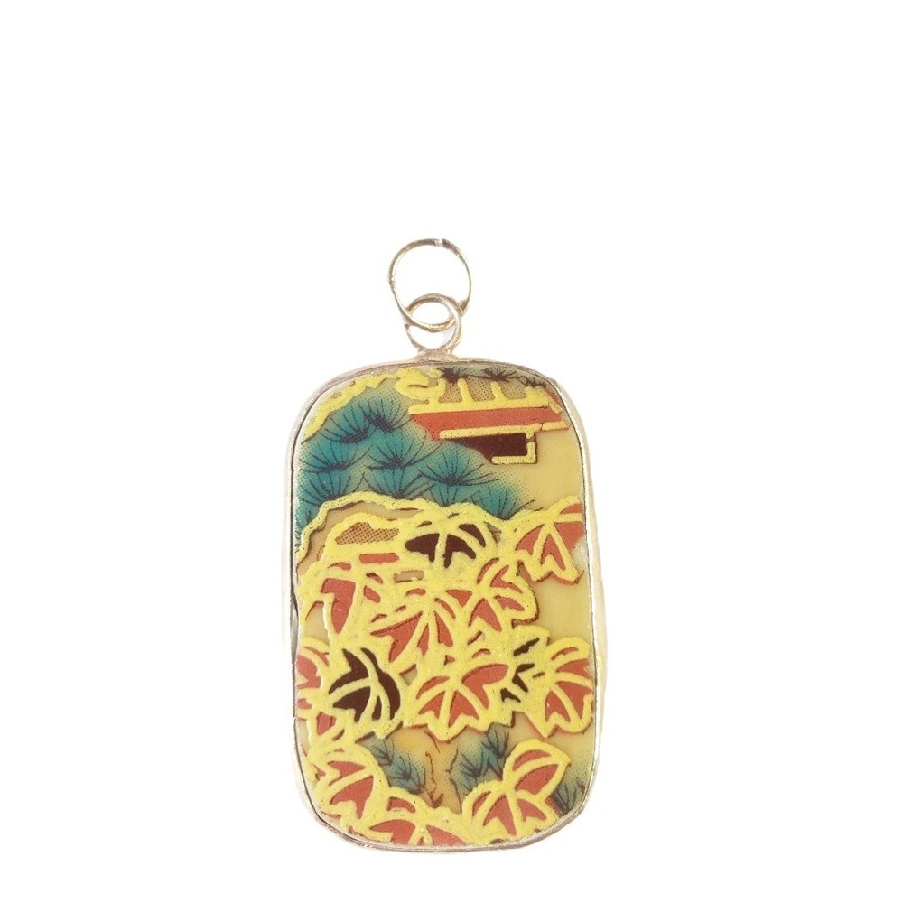 Vintage Porcelain Shard Pendant Green Coral Red Yellow Botanical Bamboo Design